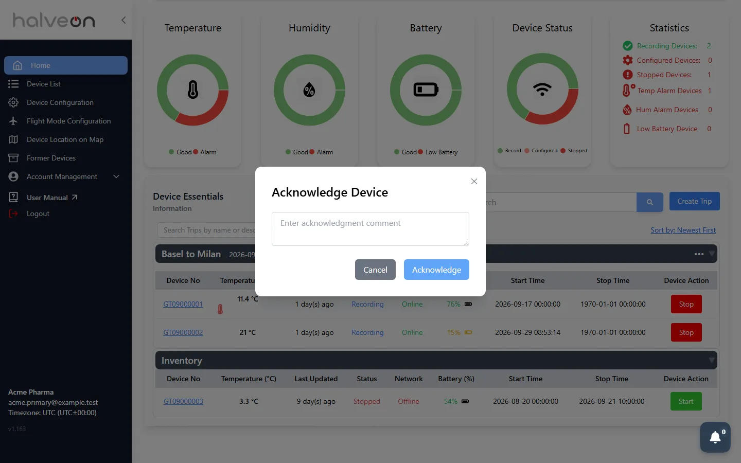 Acknowledge Device dialog