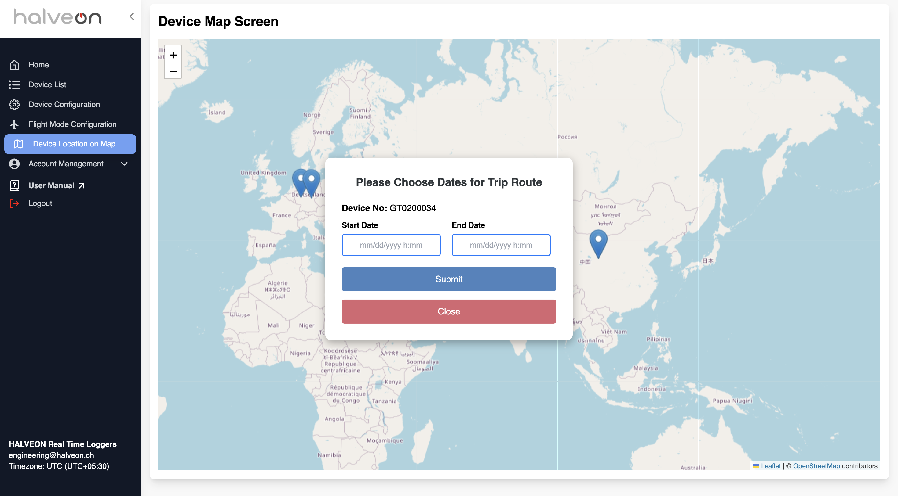 Route Date Range Popup