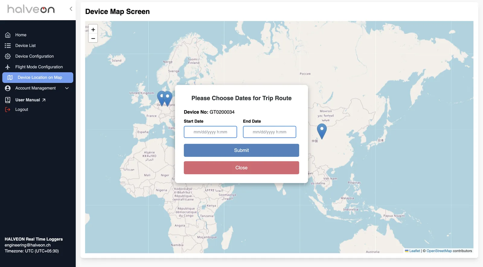 Route Date Range Popup